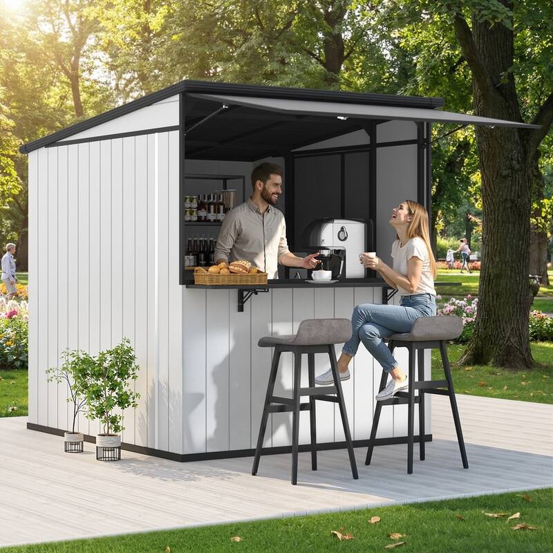 7x6 FT Outdoor Metal Storage Shed, Foldable Bar Counter & Hydraulic Overhang, Lockable Backyard Cabana - 7x6 FT