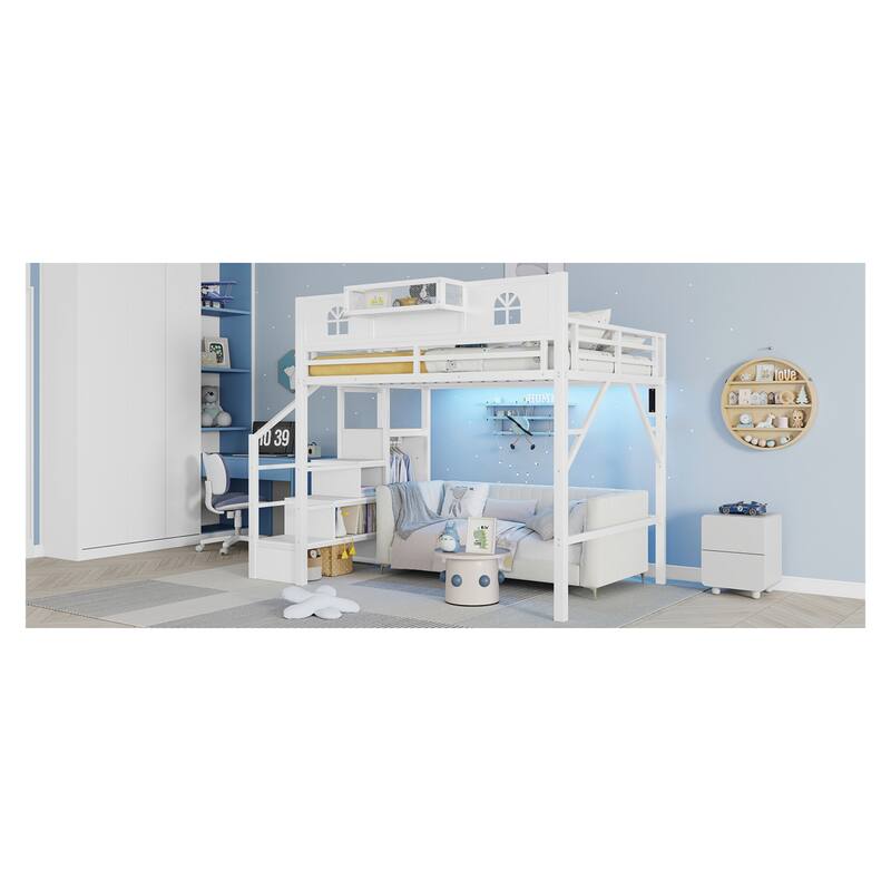 Roomfitters Full/Queen Metal Loft Platform Bed, Staircase Wardrobe and LED Charging Station with House Guardrails for Bedrooms