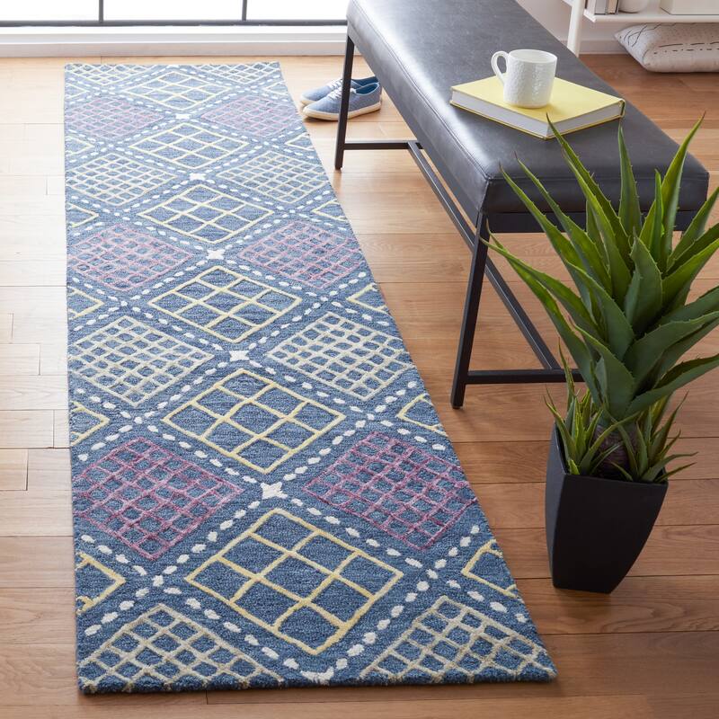 SAFAVIEH Handmade Metro Cune Wool Rug - 2'3" x 9' Runner - Blue/Yellow
