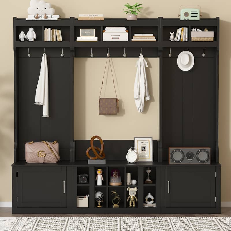 Wide Design Hall Tree with Storage and Bench, 4-IN-1 Multi-functional Entryway Bench with Coat Rack and Shoe Cubbies - Black