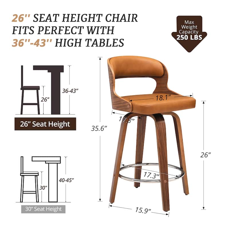 26.in Modern Set of 4 Leather Bar Stool Swivel Upholstered Hollow Back Counter Height Barstool with Wood Frame