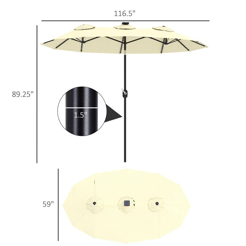 Cream White Solar-Powered LED Patio Umbrella with 12-Rib Vented Design and Easy Crank Operation - 116.5" L x 59.1" W x 89.4" H