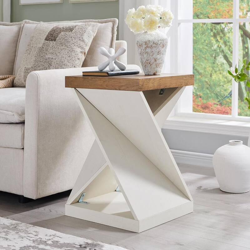 16" Modern Nightstand, Twisted Side Table, Square Rustic End Table - Antique White
