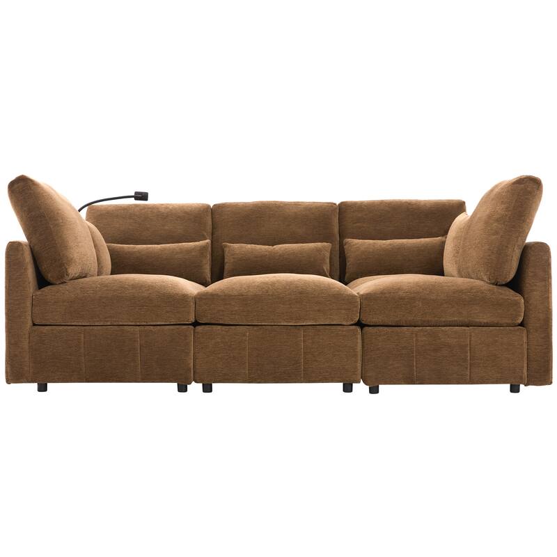 U Shaped Modular Sectional Sofa with Movable Ottoman, Chenille Upholstered 5-Seater Sofa with 2 USB Ports & Phone Holder
