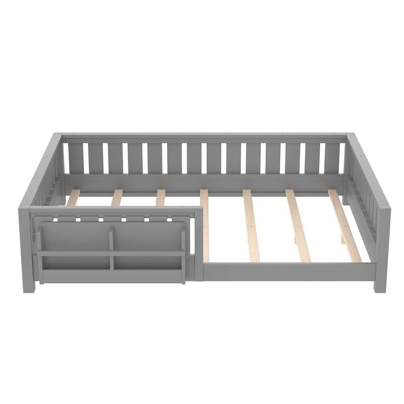 Montessori Floor Bed Low Profile Kids Bed with Rails & Bookshelf
