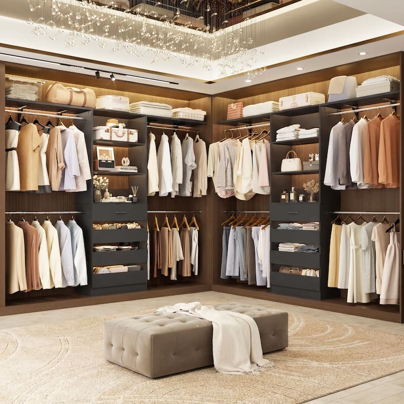 96'' Closet Organizer System with Wood Drawers, Wardrobe with Storage Shelves and 4 Hanging Rods
