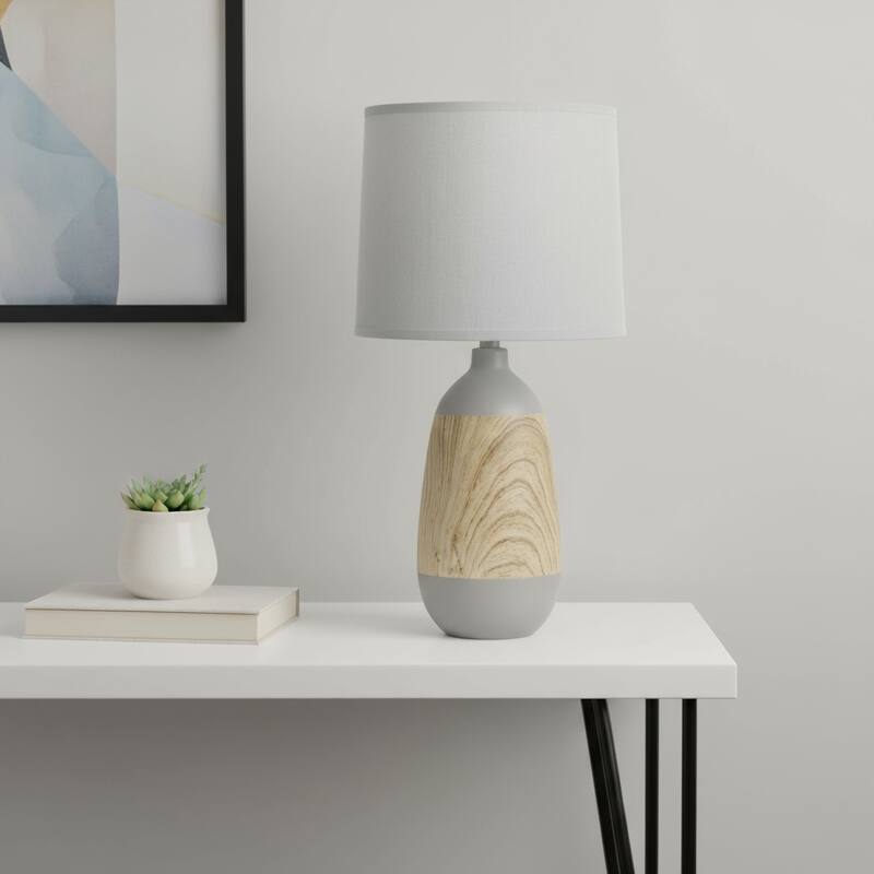 HomeRoots 19" Gray And Oak Oblong Ceramic Table Lamp With Drum Shade - 9.45 in. x 18.50 in. x 9.45 in. - Oak/Gray - 9.45 in. x 18.50 in.  x 9.45 in.