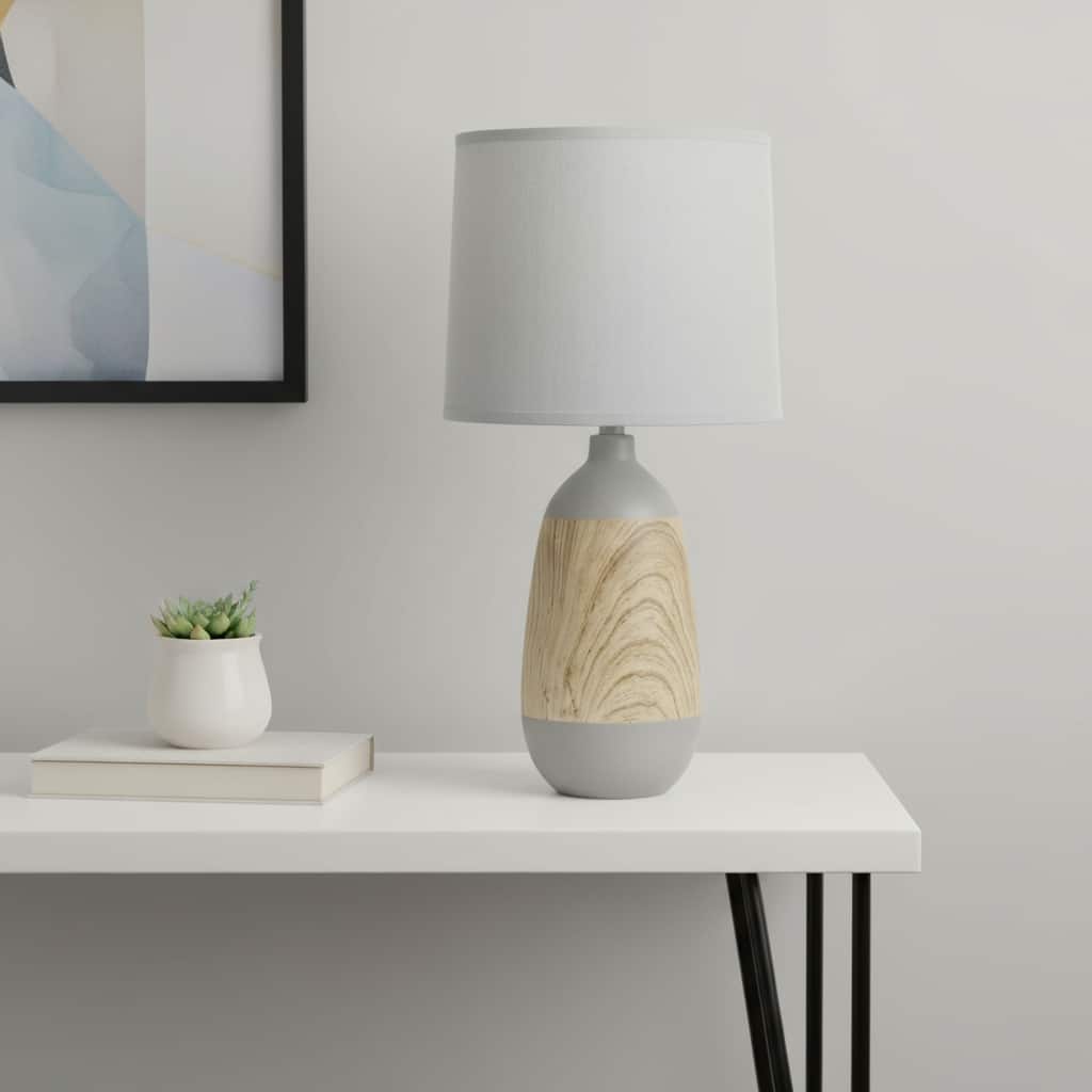 HomeRoots 19" Gray And Oak Oblong Ceramic Table Lamp With Drum Shade - 9.45 in. x 18.50 in. x 9.45 in.