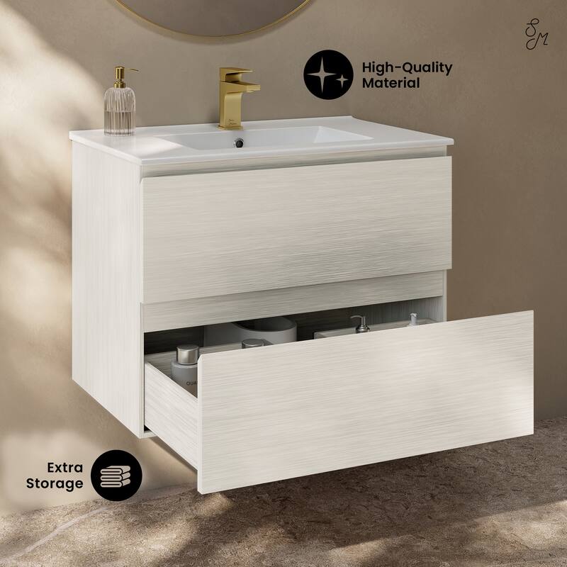 Liberte 30" Wall-Mounted Bathroom Vanity In White Oak With Sink Top - 30