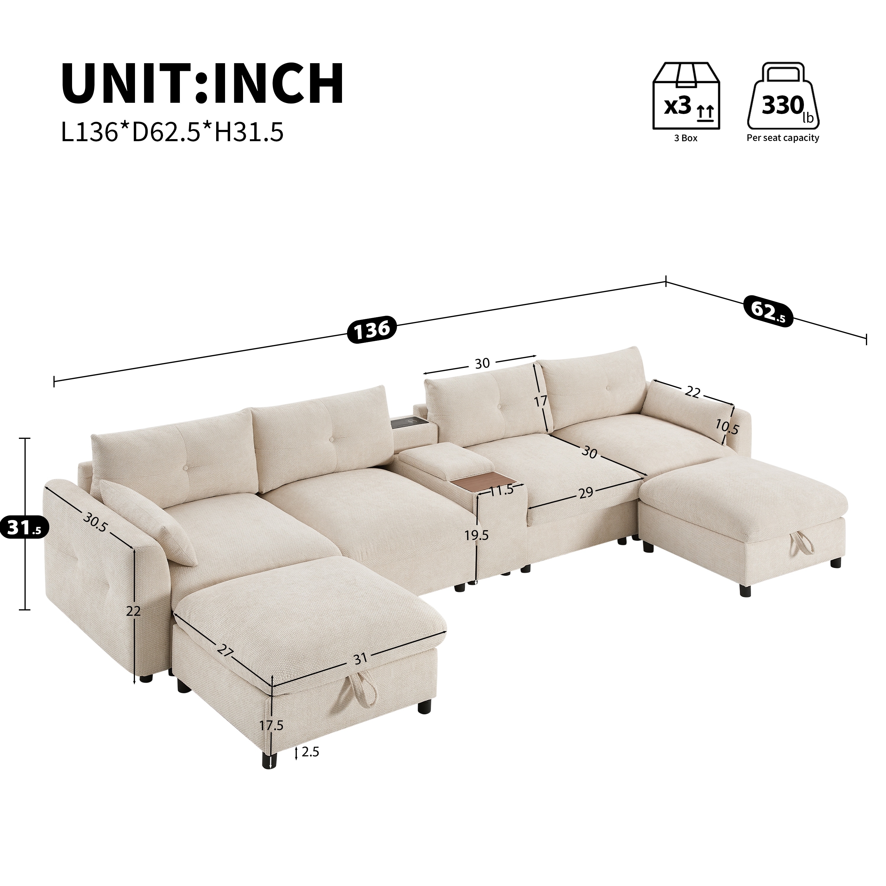 Modular Sectional Sofa With Console Cup Holder USB Charger Movable Storage Ottoman Oversized Chenille Sofa