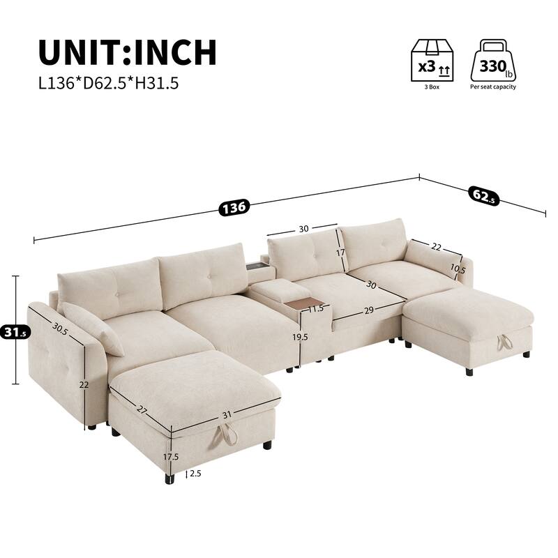 Oversized U Shaped Modular Sectional Sofa with 2 Storage Ottomans, Chenille 6 Seat Sofa with Console, Cup Holder & USB Charger - Beige