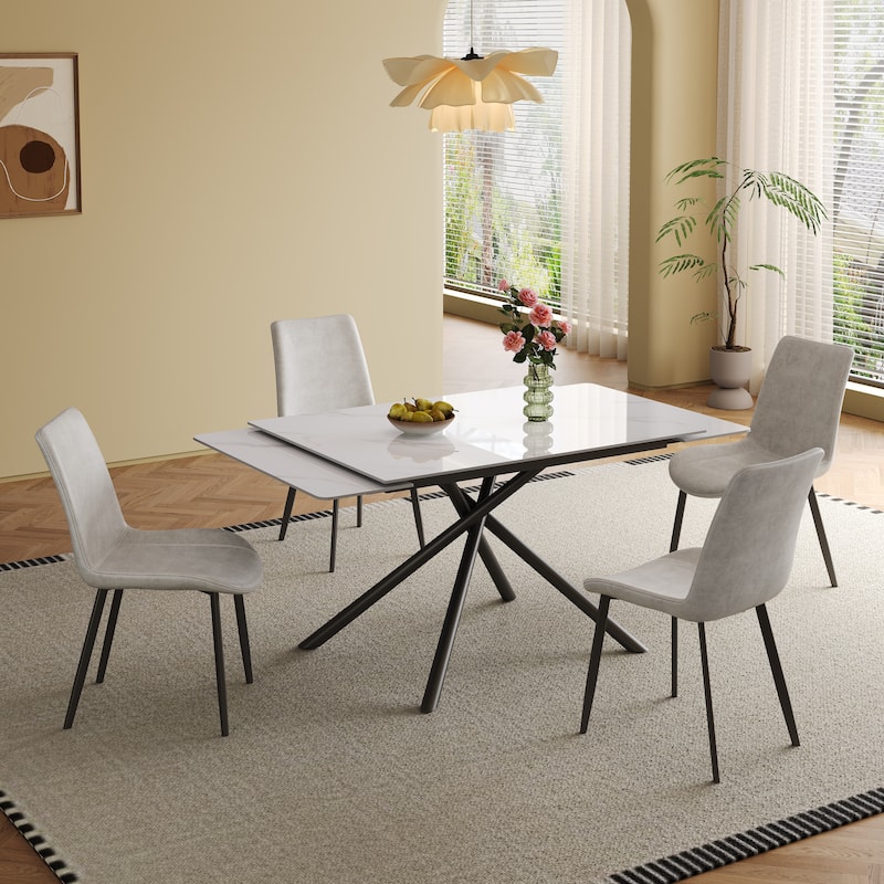 Retractable Sintered Stone Dining Table, Modern Rectangular Design, with Black Carbon Steel Legs at the Bottom
