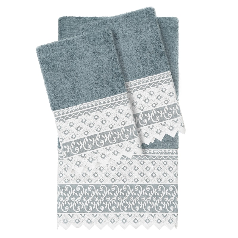 Authentic Hotel and Spa 100% Turkish Cotton Aiden 3PC White Lace Embellished Towel Set - Teal
