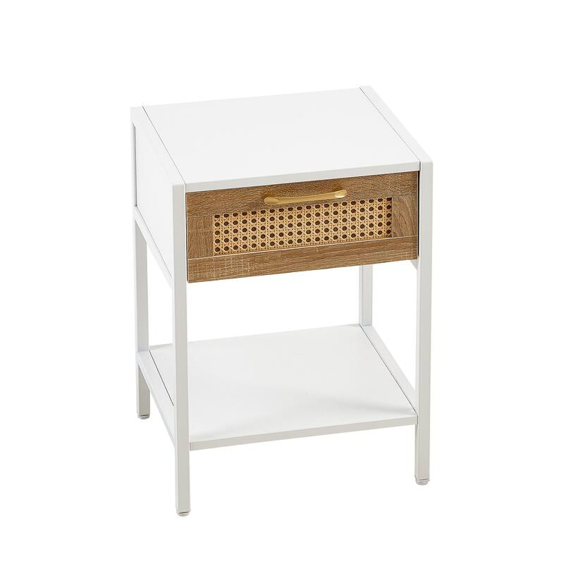 Modern Natural Rattan Wooden Nightstand/End Table/Side Table with Drawer(Set of 2)