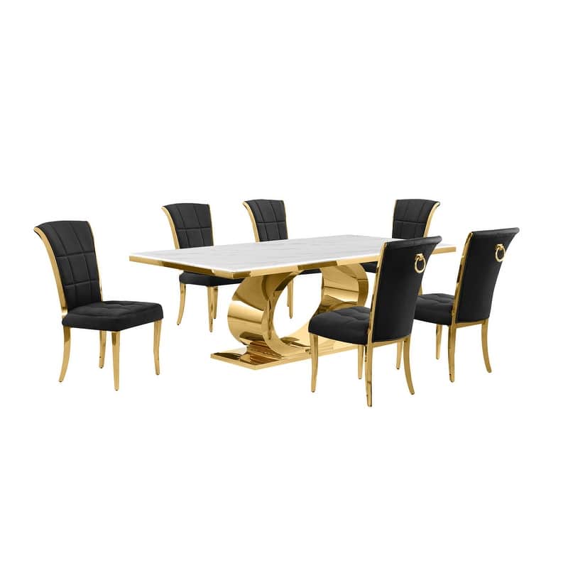 Best Quality Furniture D432/3-SC320-7 Dining Set with 87" White Marble Top