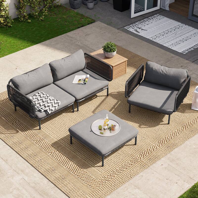 Outdoor Patio Sectional Sofa Conversation Set Cushioned Free Combination Customizable Set - 4-Seater with 8 arms - Dark Grey