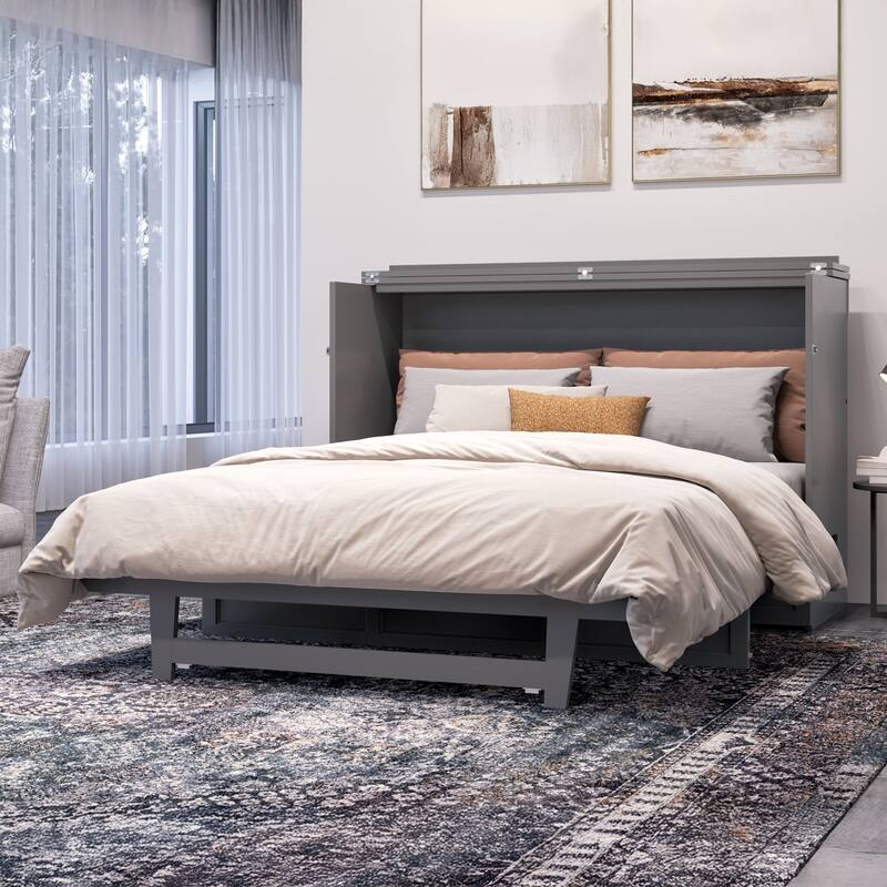 Northfield Queen Murphy Bed Chest with 6" Mattress, Storage Drawer & Built-In Charger in Grey