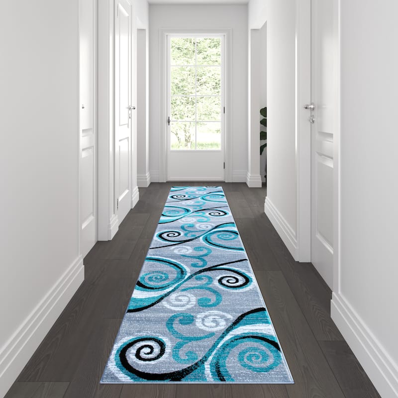 Modern Distressed Swirl Abstract Style Indoor Area Rug - 2' x 11' - Turquoise