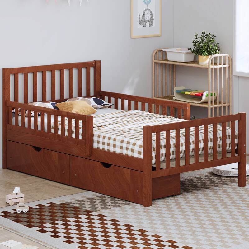 Twin Size Wood Platform Bed with Guardrails - Walnut - Twin