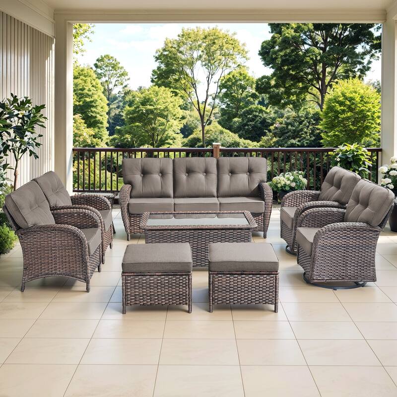 Gymojoy Wicker Patio Furniture Set, 5" Thick Cushioned Outdoor Rattan Conversation Set - Brown Wicker / Grey Cusion - 9-Piece