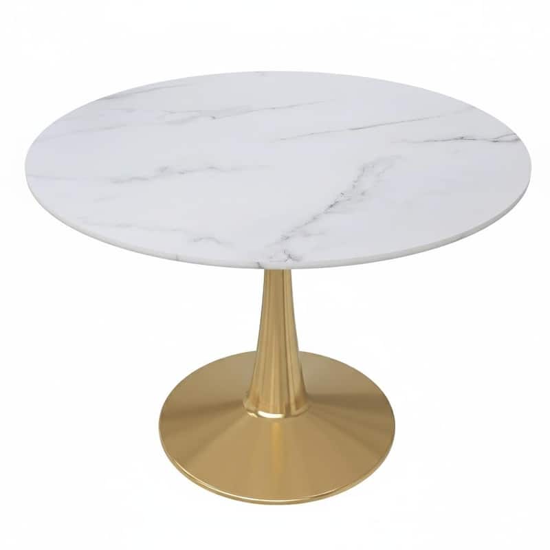 Bristol 40" Modern Round Dining Table with Accent Gold Steel Pedestal Base, Scratch-Resistant and Easy-Care - MDF - Marbled White