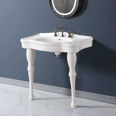 White Console Bathroom Sink 32.5" W 2 Spindle Pedestal Leg Porcelain Wall Mount With Overflow and Faucet Holes Renovators Supply