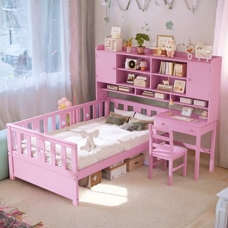 Multifunctional Twin Size Wood Bookshelf Platform Bed with Built-in Desk and Chair