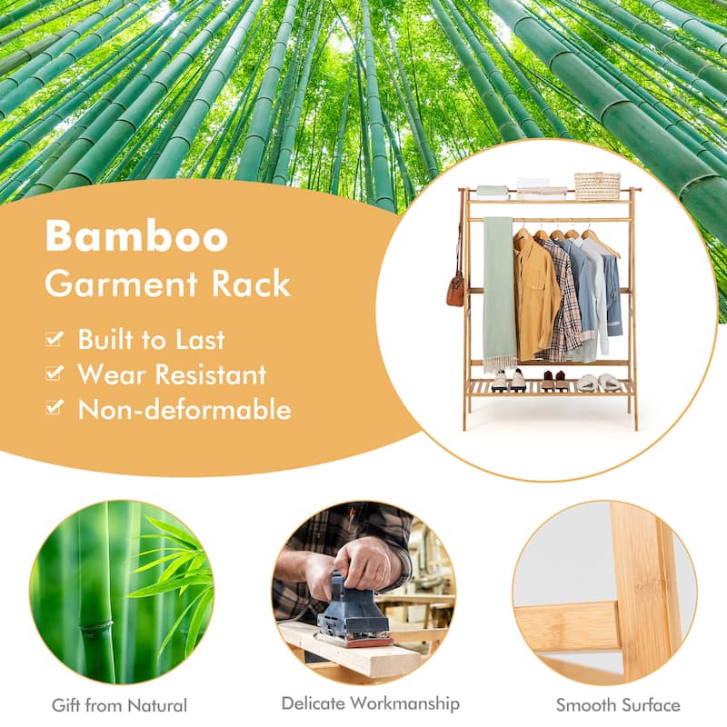 Costway 2-Tier Bamboo Garment Rack Clothing Storage Organizer Coat - See Details