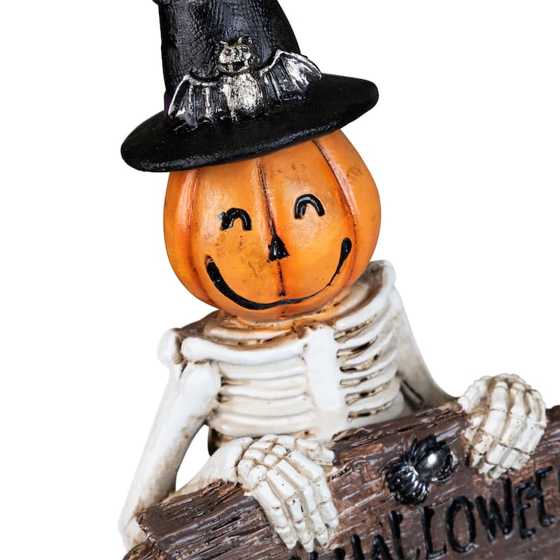 Jack-O-Lantern Skeleton in Witch's Hat and Happy Halloween Sign - 9.5"