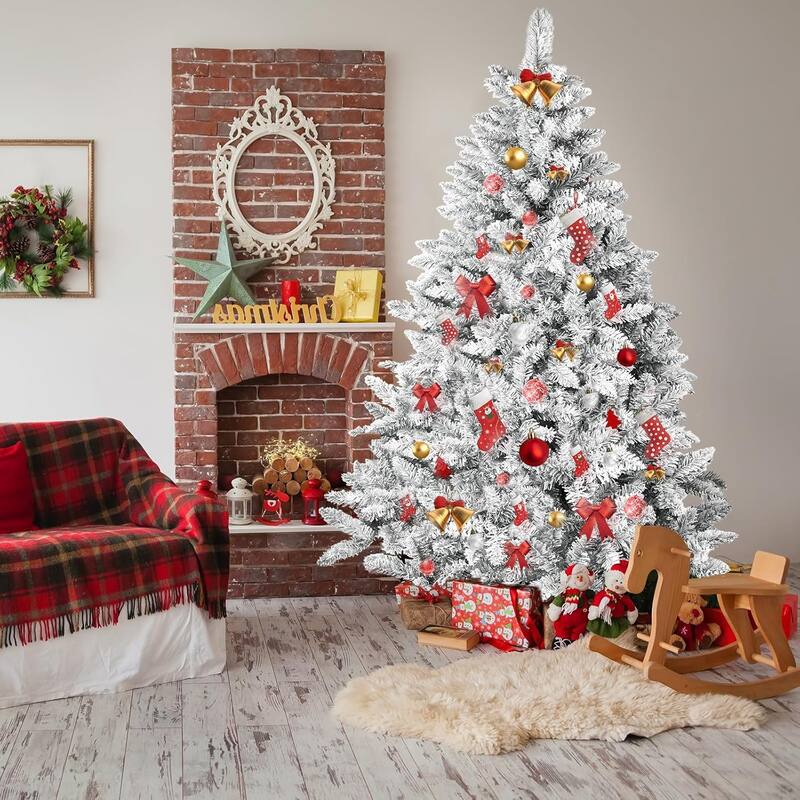 6FT White/Blue/Pink Artificial Xmas Snow Flocked Christmas Tree with Metal Stable Stand Base - White