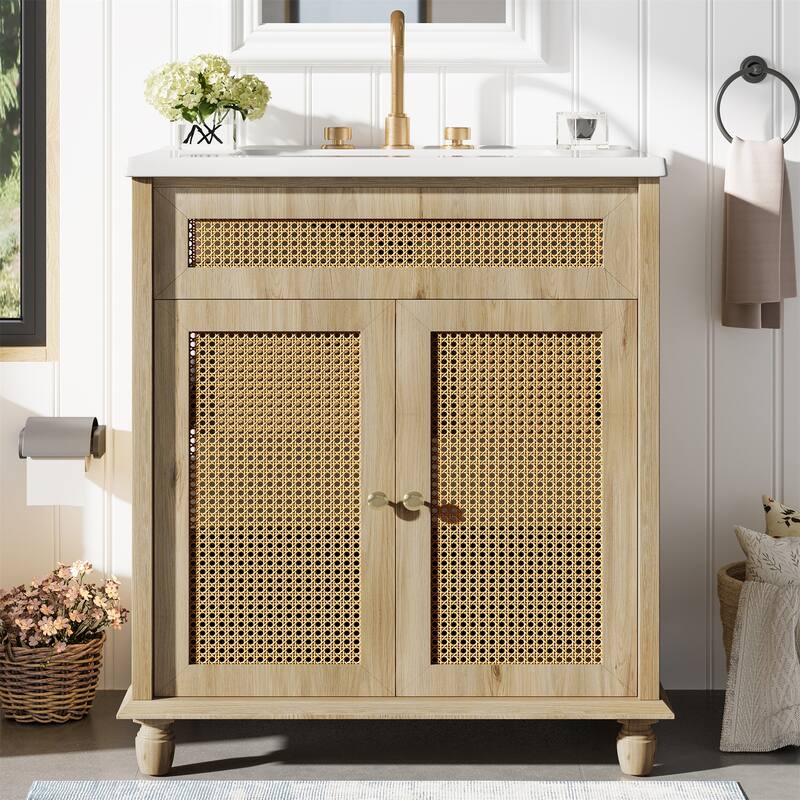30" Bathroom Vanity with Handwoven Rattan Doors, Solid Wood Legs & Resin Basin - Natural Wood