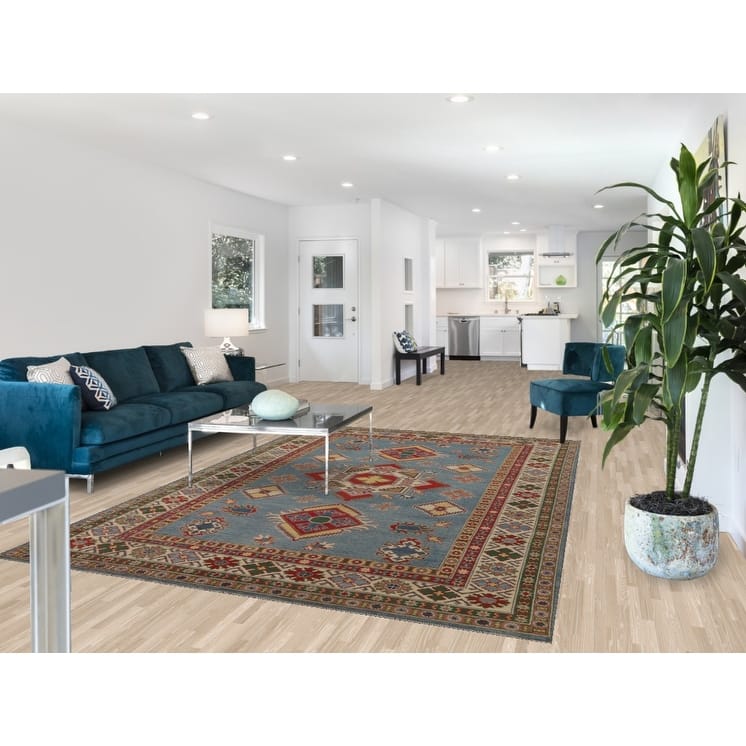 Blue Geometric Kazak Area Rug Hand-Knotted Traditional Wool Carpet - 6'8" x 9'9"