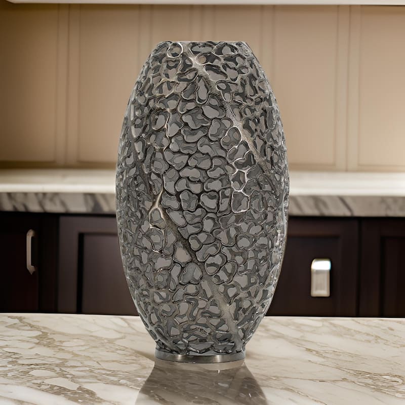 14 Inch Aluminum Accent Vase, Tall Curved Cut Out Design Intricate Details