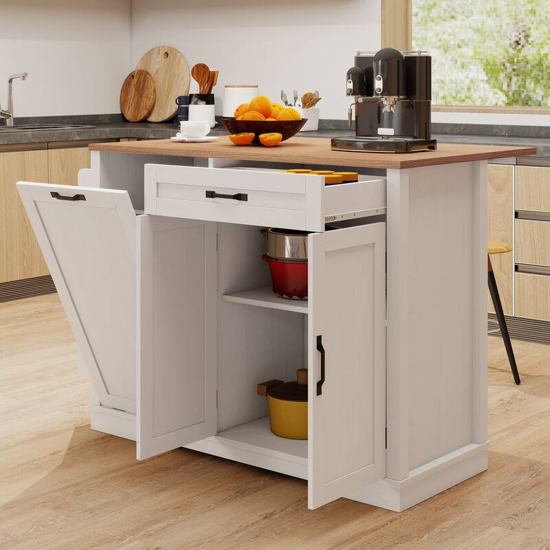 Moasis 50 Inch Drop Leaf Rolling Kitchen Island With Trash Can Storage Cabinet And Drawer