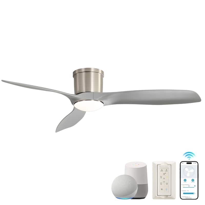 Sofucor 52 Inch Low Profile Flush Moun Ceiling Fans with Lights,3 ABS Blades,Dimmable 6-Speed 3-Timer Reversible DC Motor - Nickel with Gray Blades - Smart(Remote+APP+Voice Control)