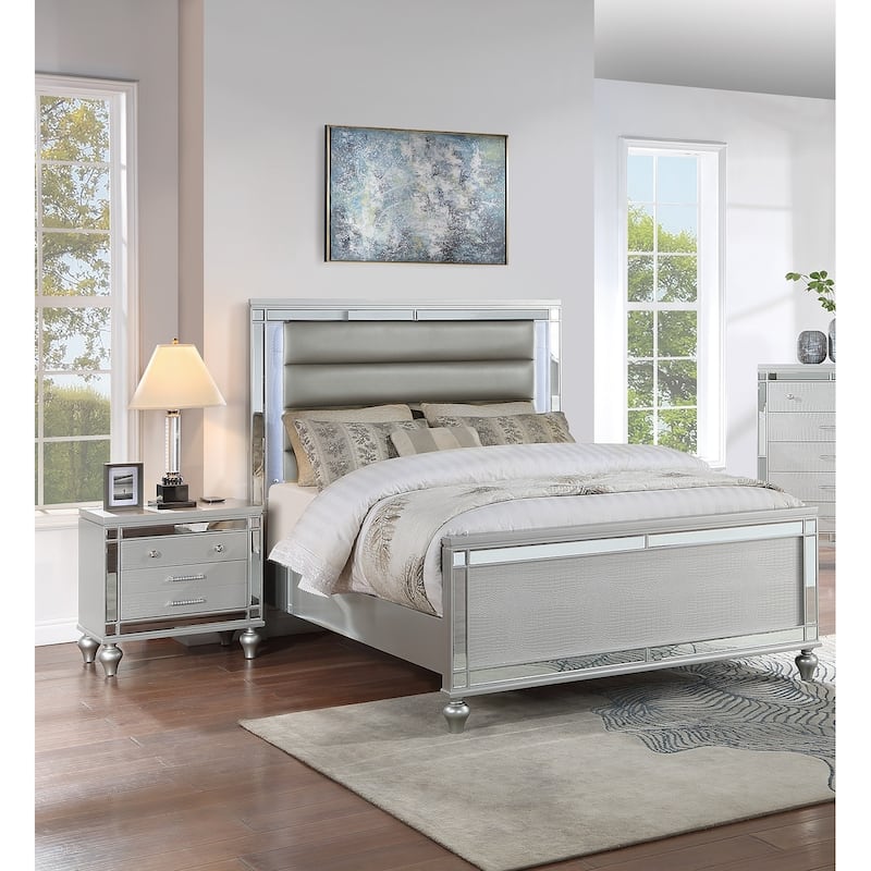 1pc Nightstand Wooden Bedside Table Drawers w Mirror Glass Panel