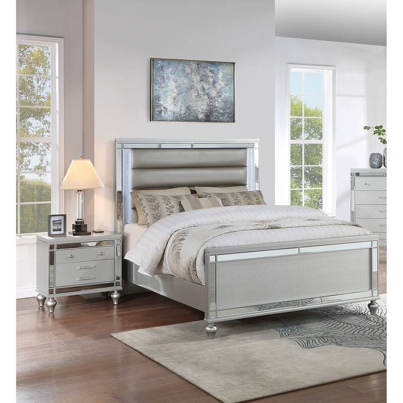 Classic Luxury Look Silver 1pc Nightstand Wooden Bedside Table Drawers w Mirror Glass Panel Bedroom Furniture