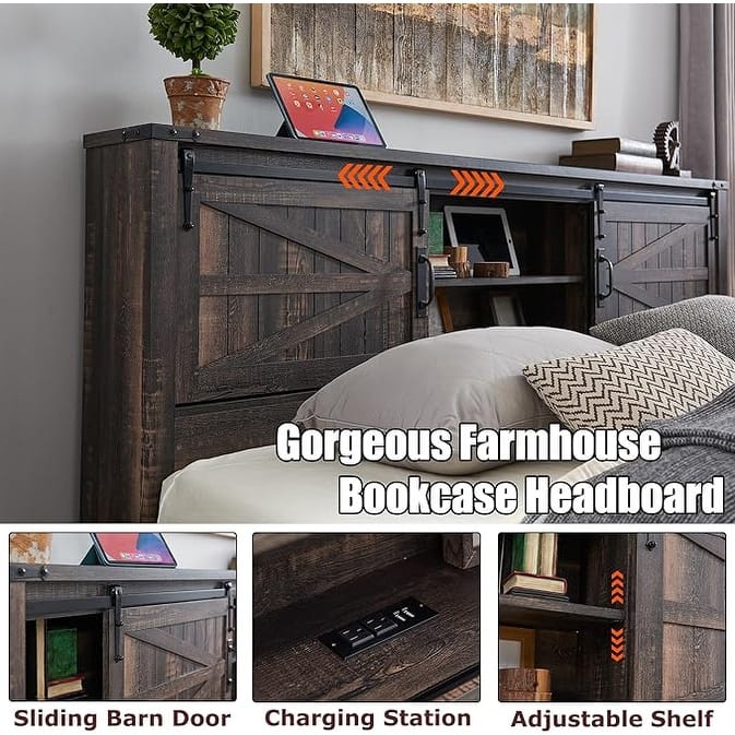 Farmhouse Full Size Bed Frame with Storage Shelves & Charging Station