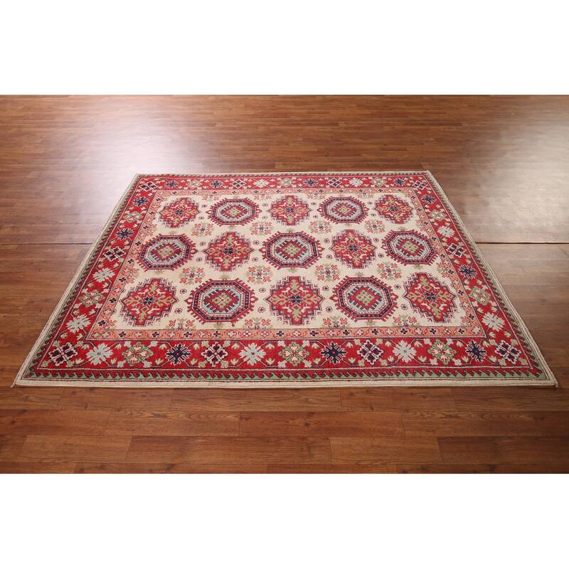 Beige / Ivory Kazak Oriental Area Rug Hand-Knotted Wool Carpet - 4'11" x 6'6"
