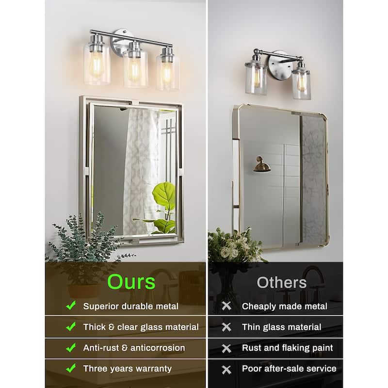 3-Light Brushed Nickel Cylinder Modern Bathroom Vanity Light with Clear Glass Shade,Wall Lamp for Mirror Kitchen Bedroom