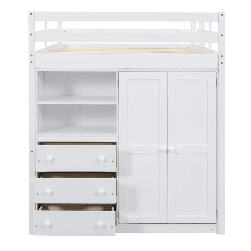 Wood Full Size Loft Bed with Built-in Wardrobe, Desk, Storage Shelves and Drawers