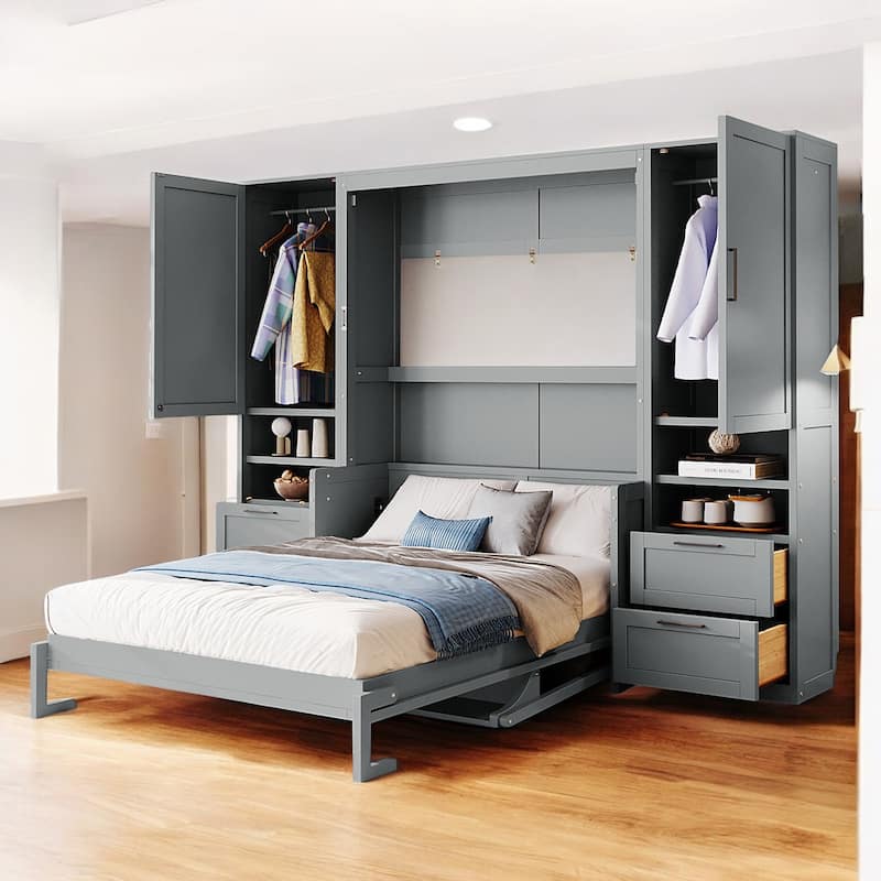 Full Murphy Bed with Built-In Wardrobe, Storage Drawers and Top Shelf, Folding Wall Bed System - Grey - Full