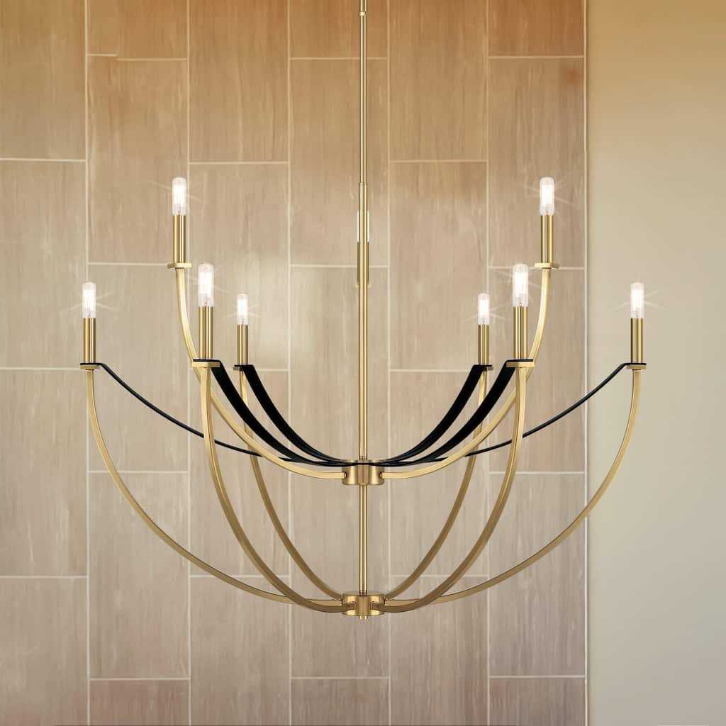 Thesis Sussex 40-inch 9-light Champagne Gold and Black Faux Leather Chandelier - L: 40.25" x W: 40.25" x H: 30.5" x M-H: 87.5"