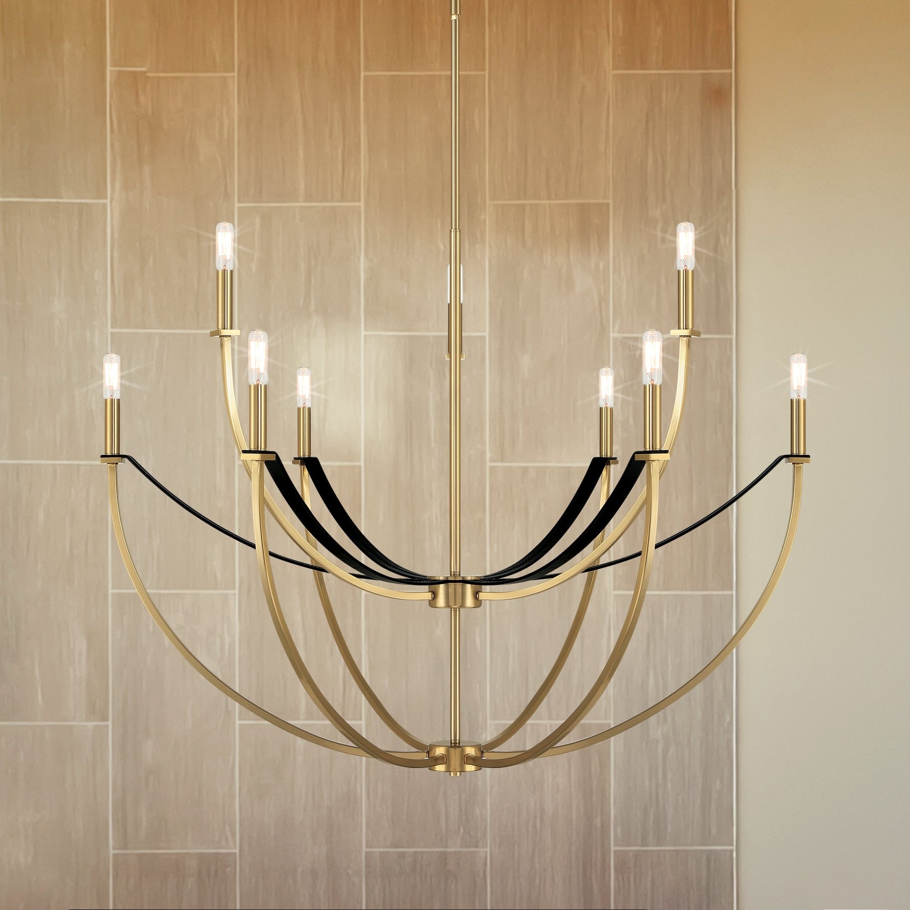 Thesis Sussex 40-inch 9-light Champagne Gold and Black Faux Leather Chandelier - L: 40.25" x W: 40.25" x H: 30.5" x M-H: 87.5"