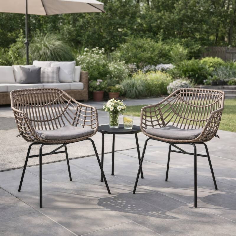 Niya Patio Chair Set of 2, Black Steel, Gray, Brown Outdoor Rattan Wicker