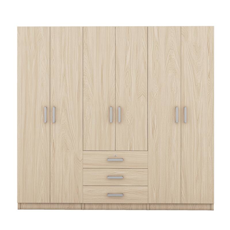 Modern Clean 6-Doors Wardrobe Wooden Armoires with 3 Storage Drawers and Built-In Hanging Rod Design