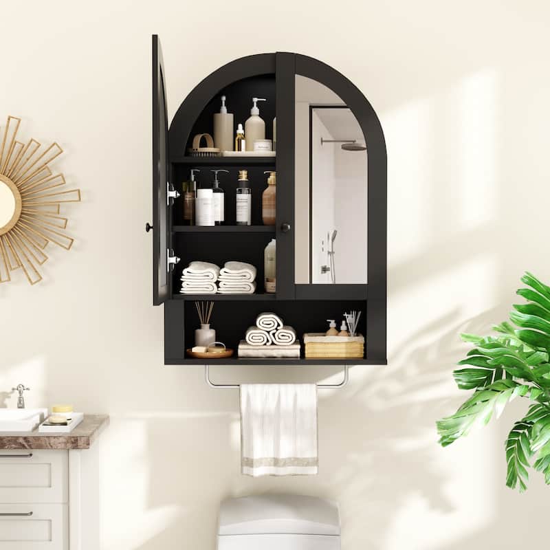 Wall Mounted Arched Cabinet with Mirrored Doors and Adjustable Shelves for Laundry Room, Bathroom, Kitchen