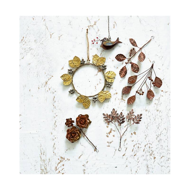 Handcrafted Antique Copper Metal Leaf Sprigs Decorative Sculptures - 4" H x 5" L Botanical Christmas Decor - ANTQCP