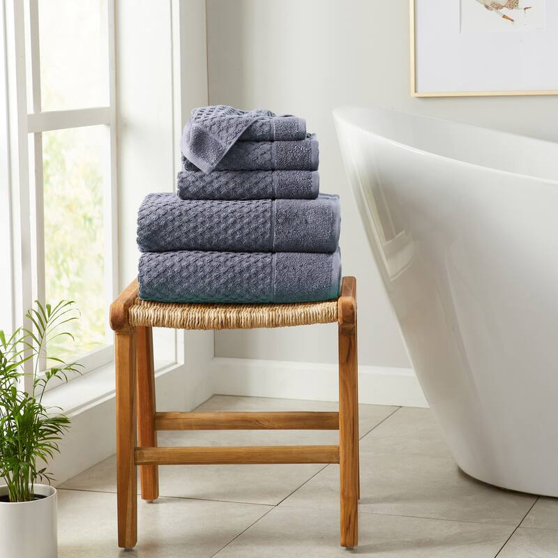 Linery & Co. Cotton Diamond Waffle Texture Bath Towels - 6 Piece Set - Chambray Blue