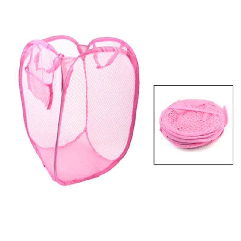 Washroom Nylon Pop up Clothes Bag Folding Mesh Storage Laundry Basket Pink